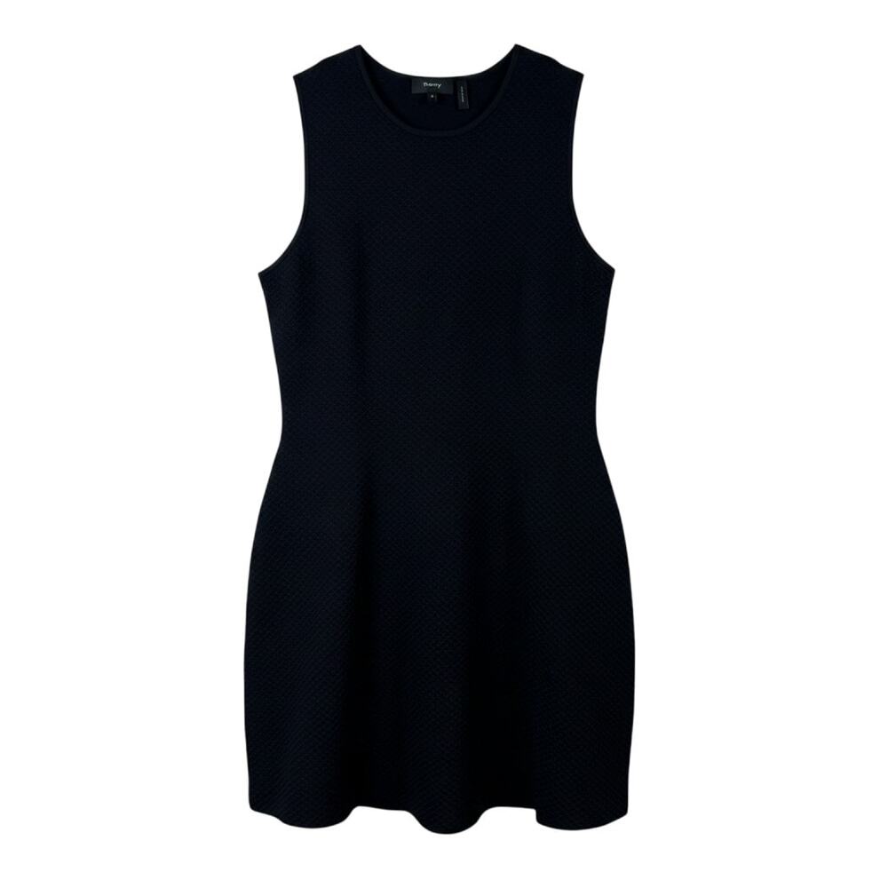 Theory black textured sleeveless dress with crew neckline fitted shape and flare
